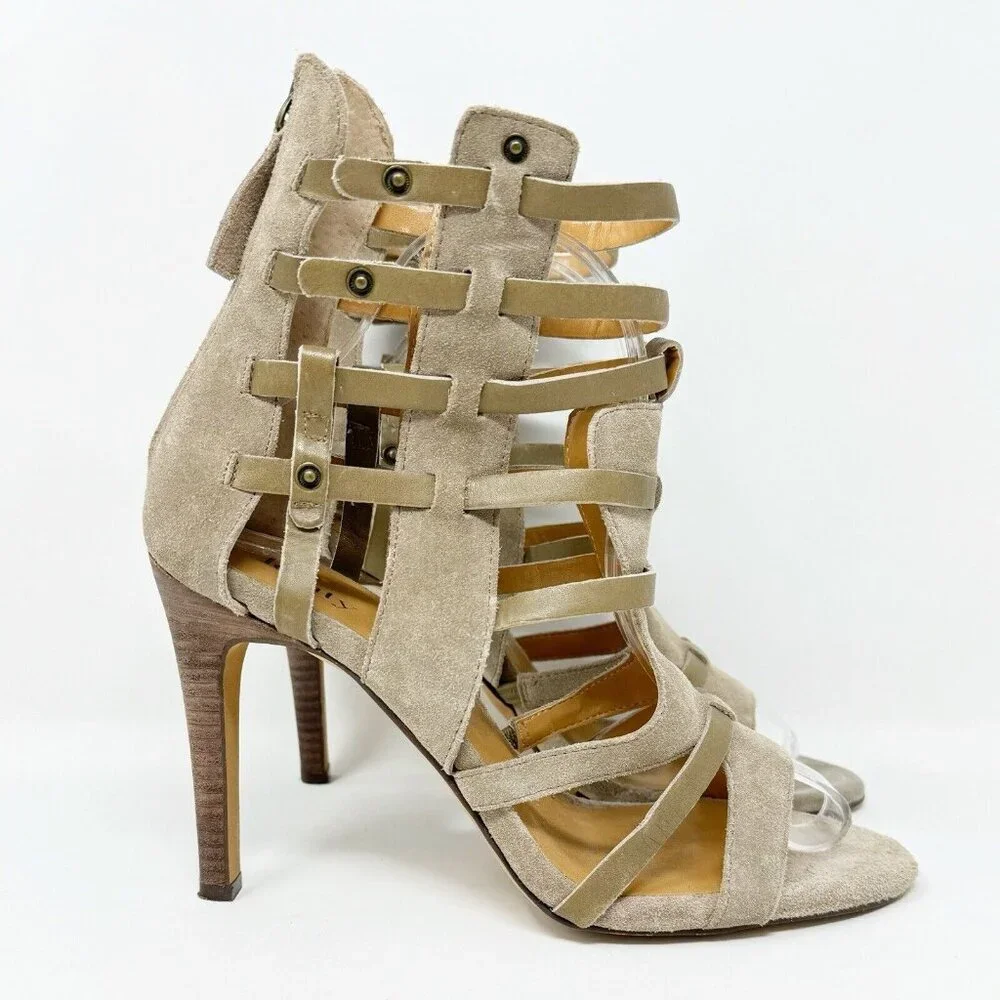 Levity Gladie Strappy Leather Stacked‎ Heel Taupe Gladiator Tan Ankle Mule 8